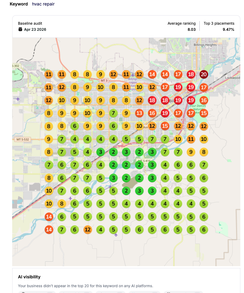 Google Map Pack rankings for HVAC repair in Billings, MT on April 23, 2026 — mostly red and orange ranking dots
