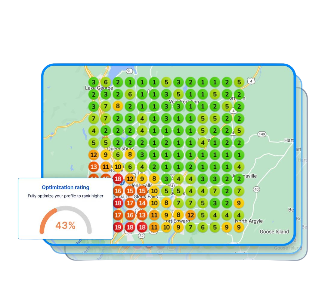 Google Maps ranking heatmap showing a geo-grid of colored ranking dots across a service area
