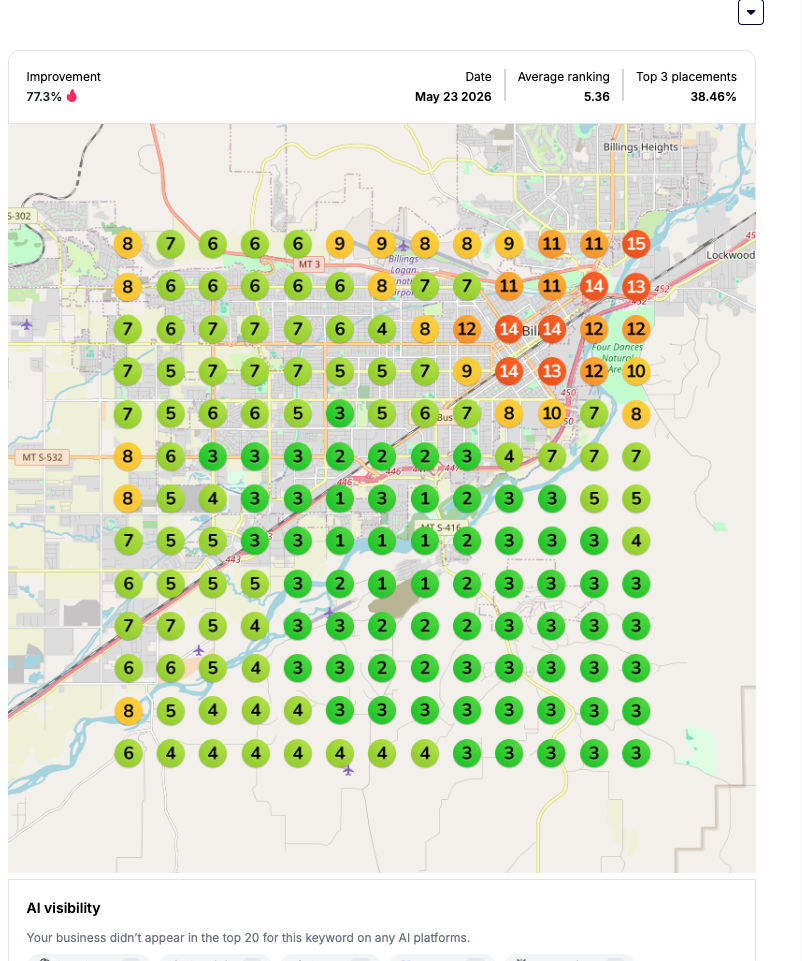 Google Map Pack rankings for HVAC repair in Billings, MT on May 23, 2026 — mostly green top-3 ranking dots