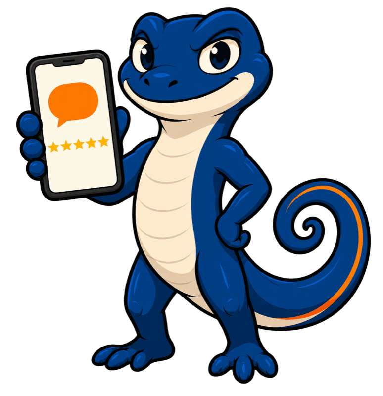 Happlo’s gecko holds a phone with review stars