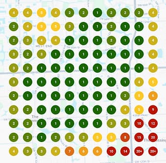 Example heat map across a 1.5-mile radius, mostly top-three rankings