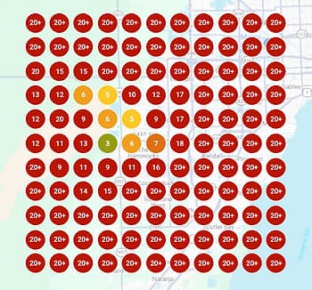 The same example map across a 10-mile radius, mostly ranked 20 or worse