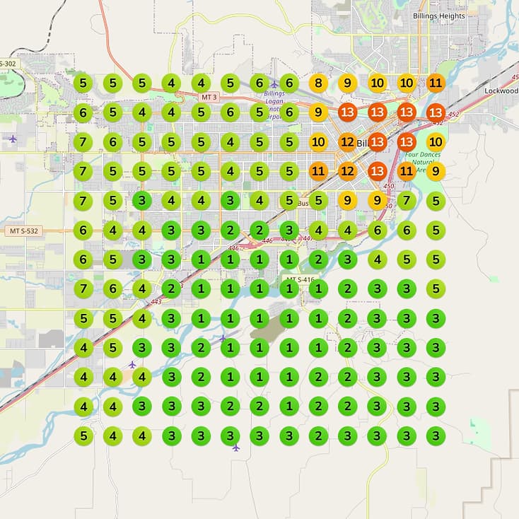 Example heat map showing Google Maps rankings across nearby locations