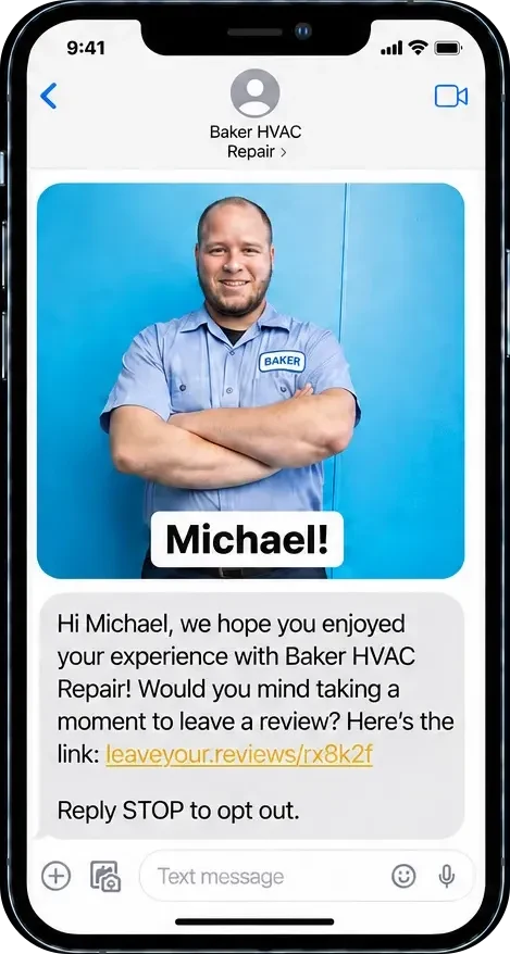Example text message: a team photo with the customer's name, a thank-you and a Google review link.