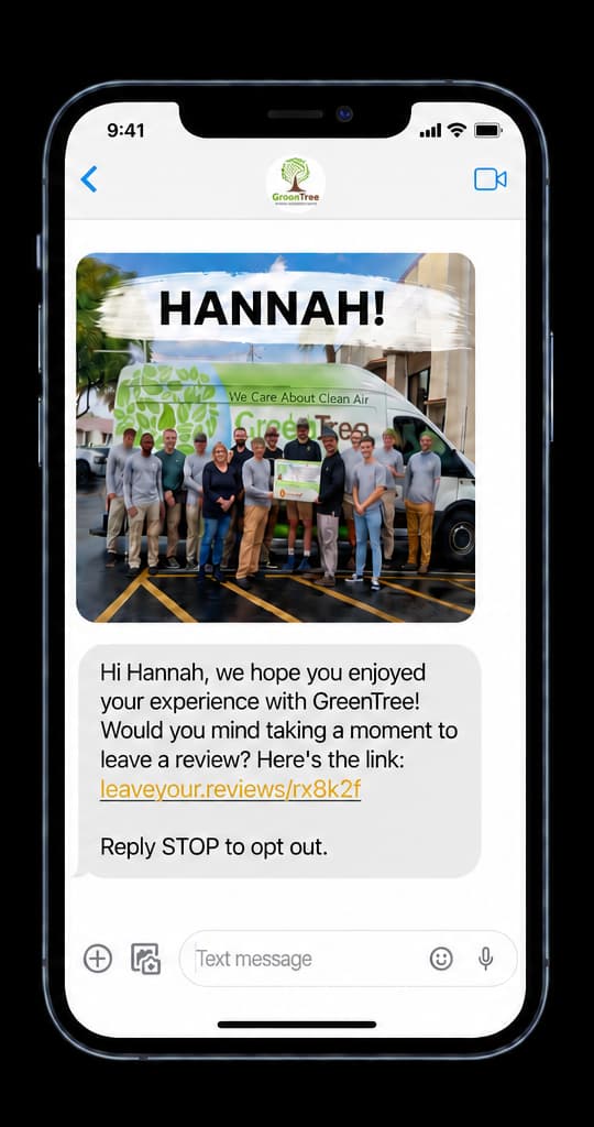 Illustrative GreenTree request to Hannah: her name on a team photo, an honest review invitation, a sample link, and Reply STOP to opt out.