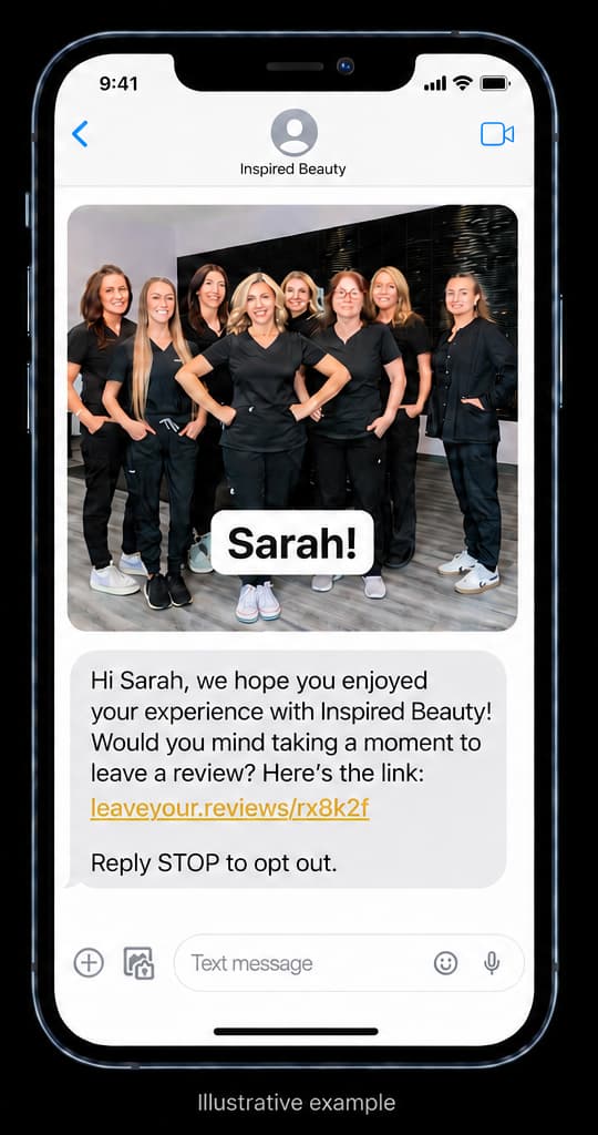 Illustrative Inspired Beauty request to Sarah: a personalized team photo, an honest review invitation, a sample link, and Reply STOP to opt out.